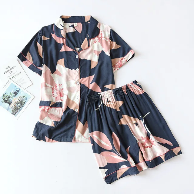 summer new women's pajamas thin section short-sleeved shorts large floral print pajamas home service ladies pajamas for women 07