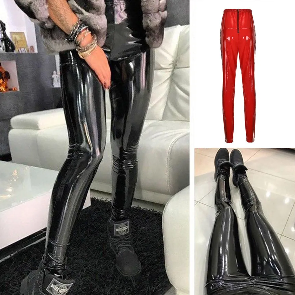 Fashion Women PU Leather Pants High Elastic Waist Leggings Zipper Slim Bright Leather Leggings Women Skinny Legging Leginsy