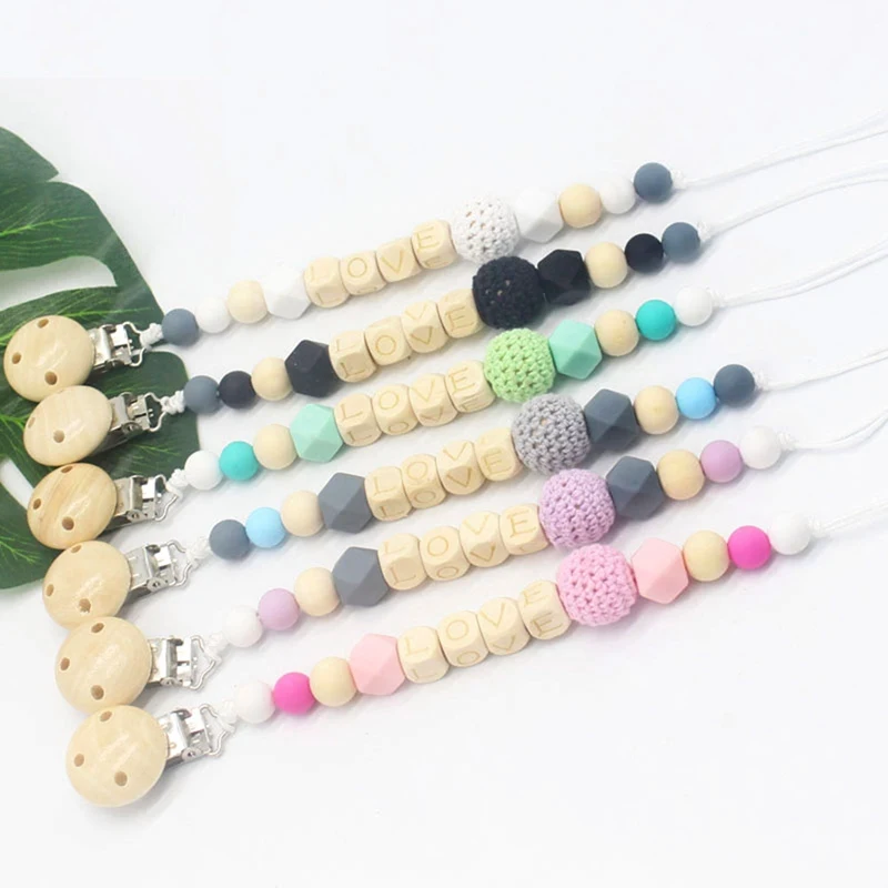

1PC Baby Personalised Beads Clip Silicone Pacifier Chain Holder Natural Crochet Wood Baby Shower Gift Teether