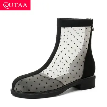 

QUTAA 2020 Flock Polka Dot Mesh Fashion Ladies Pumps Casual Round Toe Women Shoes Square Low Heel Zipper Cool Boots Size 34-39