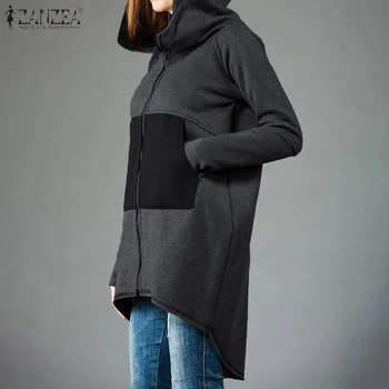 

New Fashion Long Sleeve Zipper Hoodie Women Casual Jackets ZANZEA Patchwork Hooded Sweatshirt Streetwear Loose Pockets Outwear