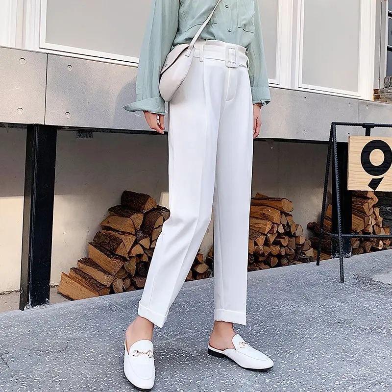 BGTEEVER элегантные пояса женские узкие брюки белые с высокой талией уличная женские брюки однотонные офисные женские брюки плюс размер - Цвет: white