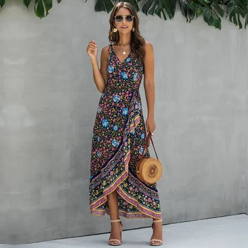 

Summer Casual Spaghetti Strap Dress Women Sleeveless Cotton V Neck Print Long Dress