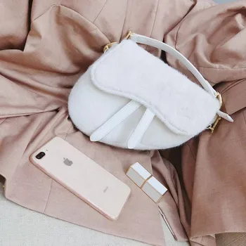 

Luxury Women's Small Rabbit Fur Saddle Bag 2020 New Ladies Shoulder Bags Quality Plush Handbags Messenger Bags Female Day Clutch