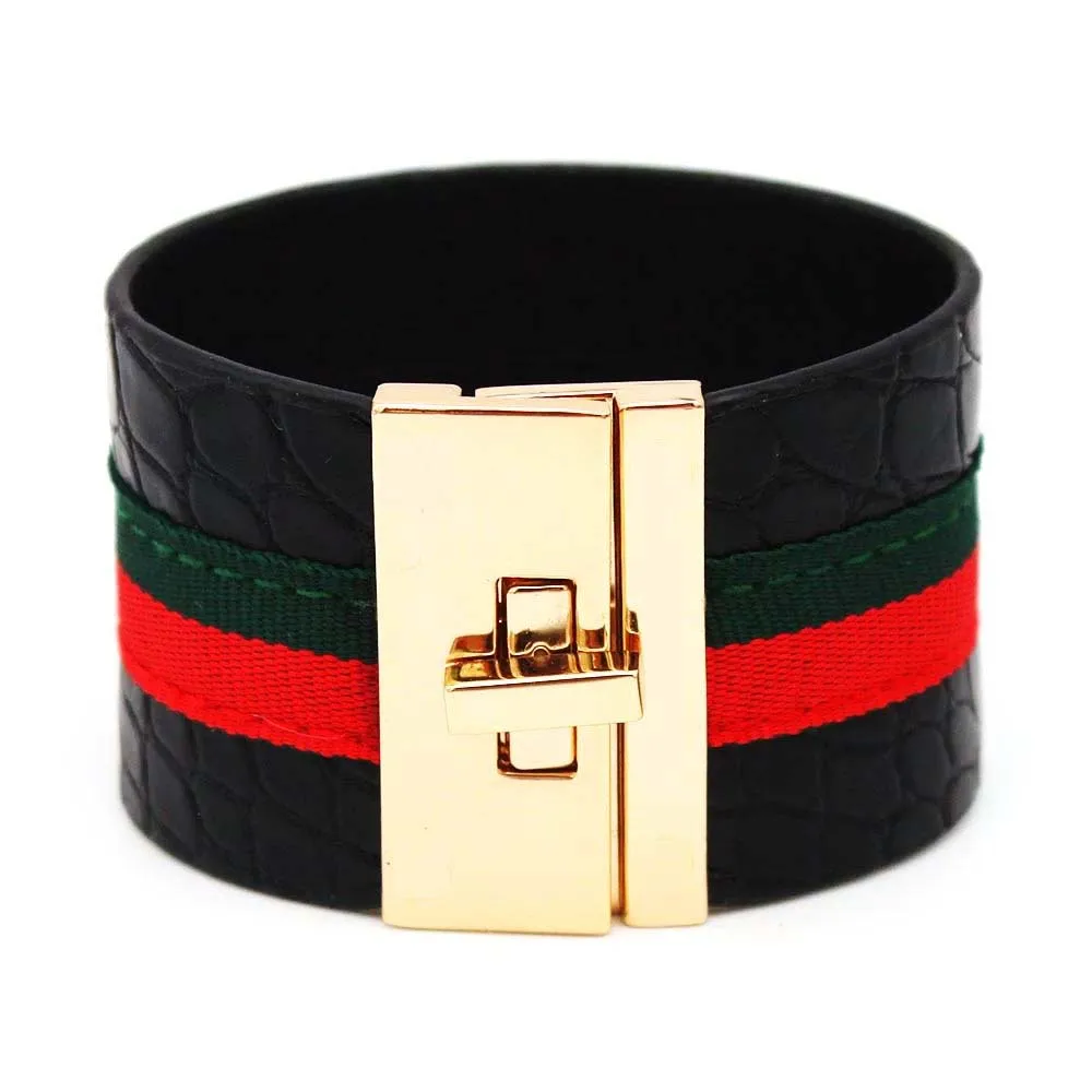 TOTABC Fashion Women Leather Bracelets Red Green Ribbon Bangles Lock Design Wide Punk Charm Cuff Female Jewelry | Украшения и