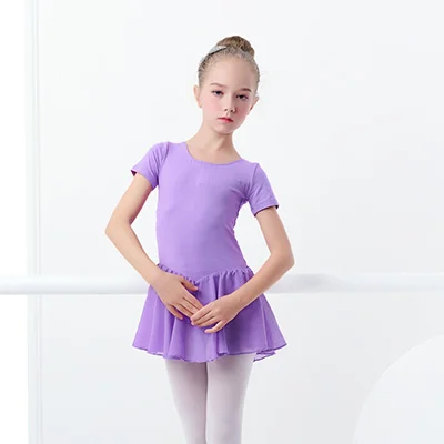 lilac short sleeve Балетное платье с круглым вырезом для танцев; шифоновые танцевальные юбки для девочек; детская розовая, ярко-розовая, Лавандовая балетная одежда; Одежда для танцев - Цвет: lilac short sleeve