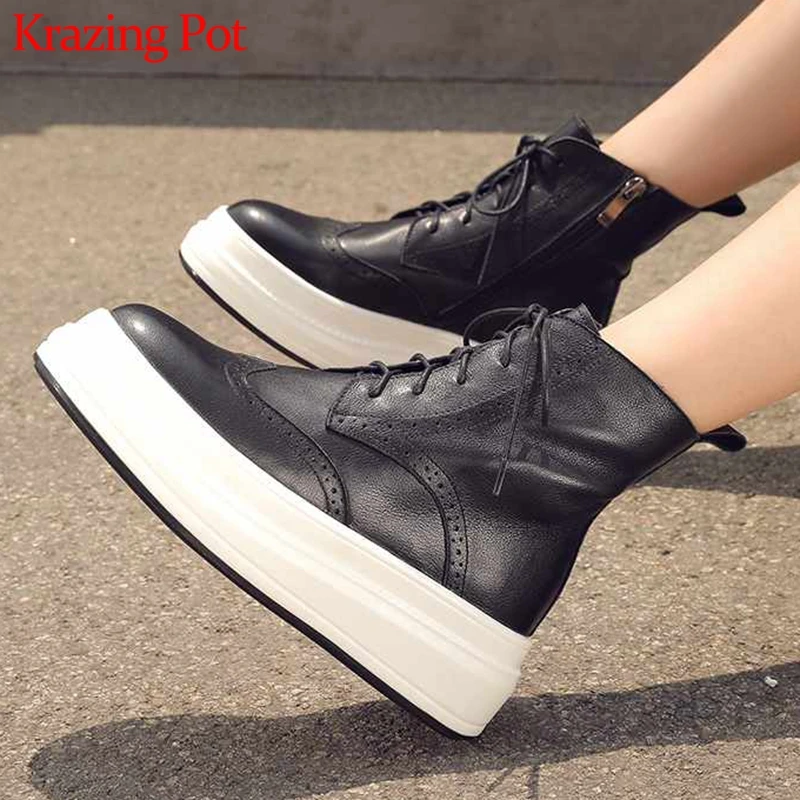

Krazing pot genuine leather hollow carving decoration lace up platform British school thick bottom oxford mid-calf boots L2f5