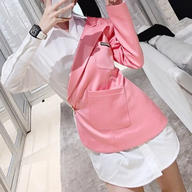 [EWQ] Korea Chic Casual Trend Women Solid Color Lapel Single Button Fashion Loose Pink Long-sleeved Blazer Autumn 2021 16E1666 1