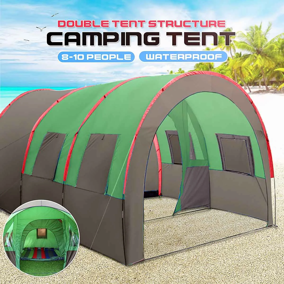 8 10 Persoon Outdoor Tunnel Tent Familie Camping Tent Waterdicht 150D