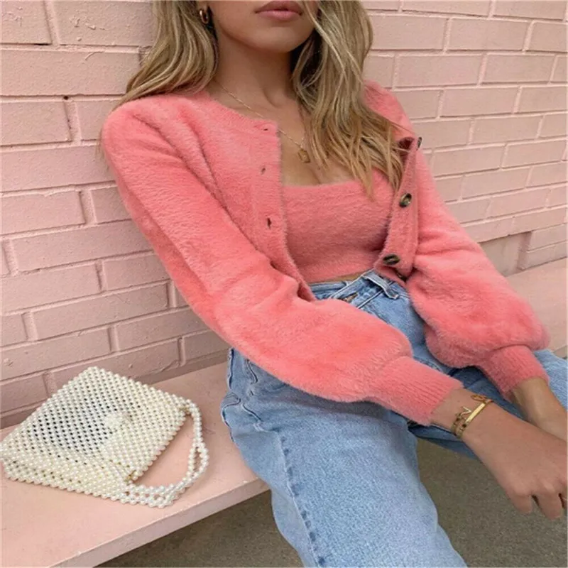 Fashion Women Winter 2PCS Set Fluffy Plush Soft Tube Top Solid Color Vest + Long Sleeve Sweater Button Cardigans Sets |