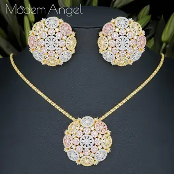 

ModemAngel luxury Round Delicate Flower Shiny AAA Cubic Zirconia Wedding 3 Tone Women Tassel Necklace Earring Fashion Jewelry