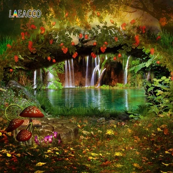

Laeacco Jungle Party Photography Backdrops Forest Tree Mushroom River Waterfall Photo Backgrounds Baby Birthday Photophone Props