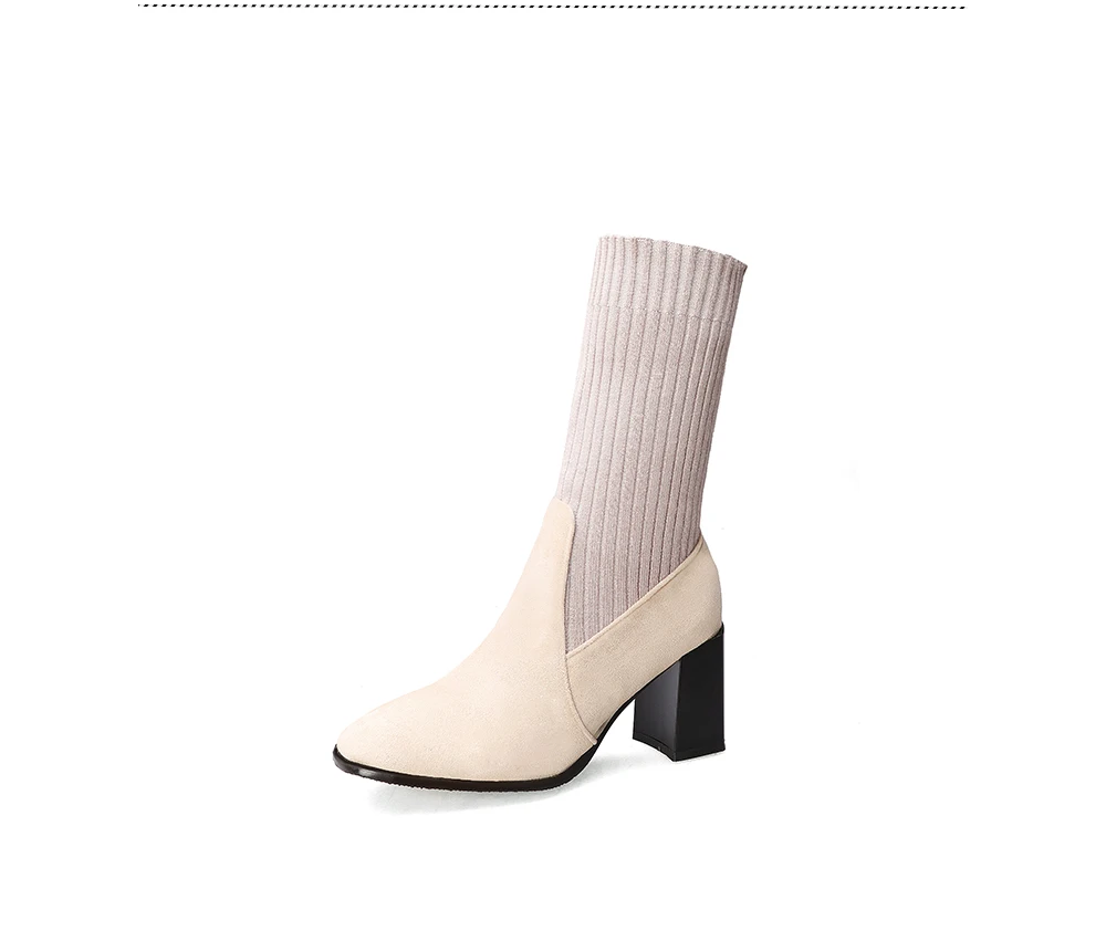 BESCONE Suede Women Mid-Calf Boots Winter Handmade Short Plush Solid Square Heel Shoes New Sexy Pointed Toe Ladies Boots BM274