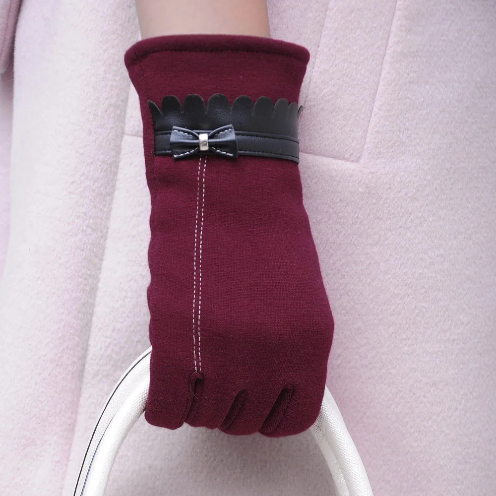 Женские перчатки на полный палец, варежки с бантом, теплые зимние элегантные женские перчатки, однотонные перчатки для смартфона с сенсорным экраном# O
