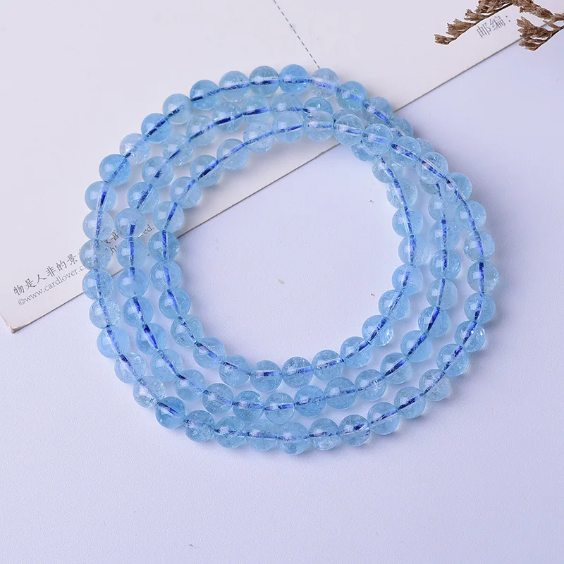 

Natural Blue Aquamarine Quartz Bracelet 6mm 3 Laps Clear Round Beads Crystal Wealthy Stone For Women Men AAAAA