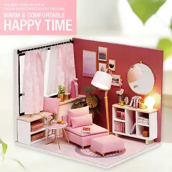 

Miniature Model Dust Cover Dollhouse Assembly Model Birthday Gift Handmade Wood Hut DIY House Toy Happiness Hour Light