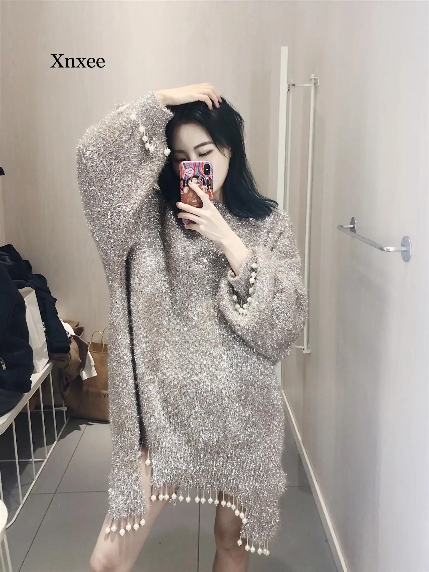 lazy wind coat western style sweater  sweater heavy Pearl Irregular Long Sweater Dress tassel  batwing sleeve o-neck Korea