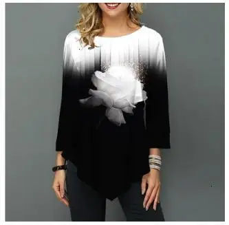 Популярная Женская весенне-осенняя блузка с круглым вырезом, 3/4 рукав, повседневный принт, на пуговицах, женские модные топы размера плюс, уличная рубашка