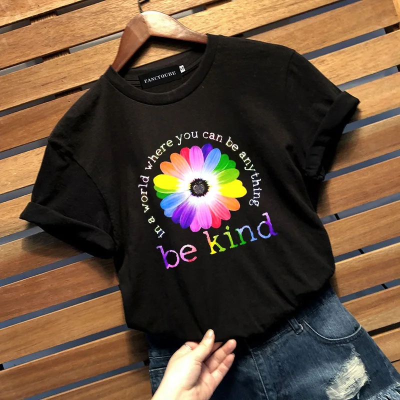 BE KIND футболки с радужным цветком Женские повседневные топы с коротким рукавом и круглым вырезом черные футболки для девочек
