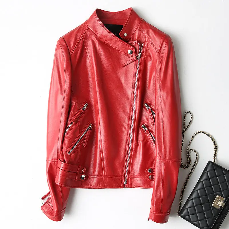 

Genuine Women Real Sheepskin Leather Bomber Jacket Spring Autumn Short Slim Coat CF12-2132 MF591