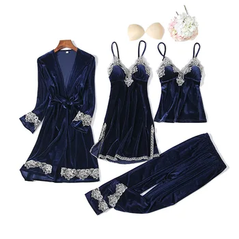 

Spring Autum 4PCS Velour Sleepwear Women Velvet Kimono Robe SET Intimate Lingerie Lace Bride Bridesmaid WEDDING Dressing Gown