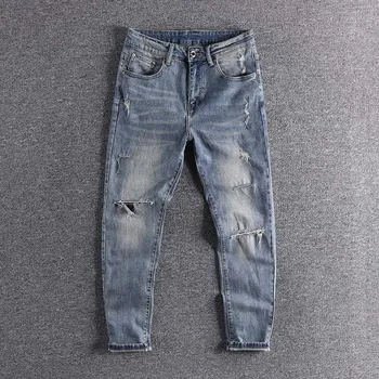 

2020 new arrival Retro hole slim leg European and American fashionable men's jeans cropped pants high quality trouser promotion