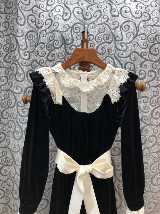 Высокое качество, новинка, осенне-зимние Вечерние платья Vestido, женское сексуальное платье с кружевами «кроше», в стиле пэчворк, с длинным рукавом, черное бархатное платье с поясом