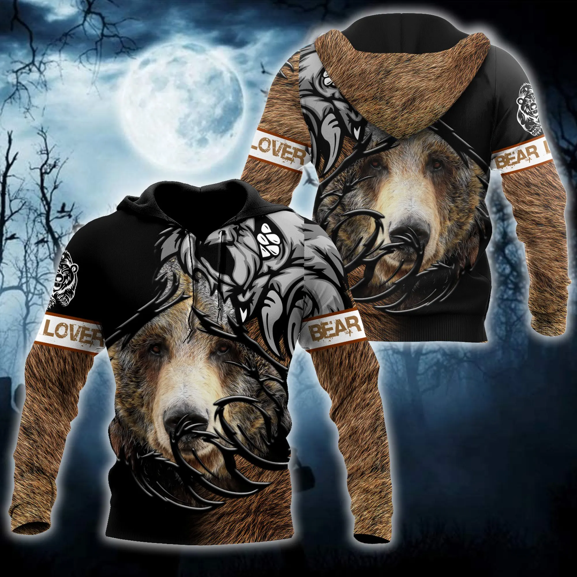 Bear Tatoo Hunting 3D Printed Fashion Mens Autumn Hoodies Sweatshirt Unisex Streetwear Casual Zip Jacket Pullover KJ493