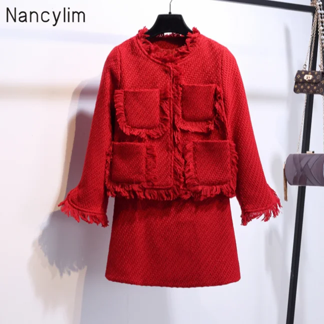 

Autumn Winter Elegant Women Tweed Skirt Sets Temperament Lady Small Fragrant Wind Tweed Jacket + Skirt Two Piece Suits Nancylim