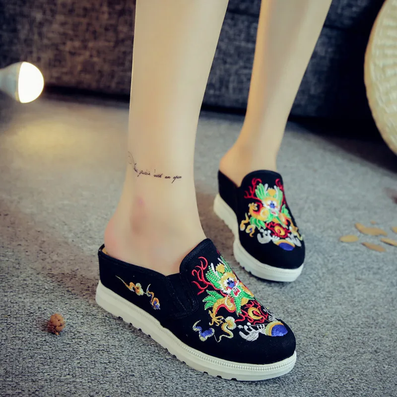 

Spring And Summer Old Beijing Cloth Slipper Women's Ethnic-Style Embroidery Slipper High-Heel Thick Bottomed Closed-toe Outer We