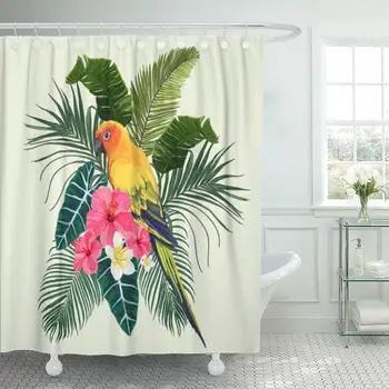 

Vintage Composition with Exotic Leaves Flowers Parrot White Bohemian Bouquet Boho Bathroom Decor Shower Curtain Sets with Hooks