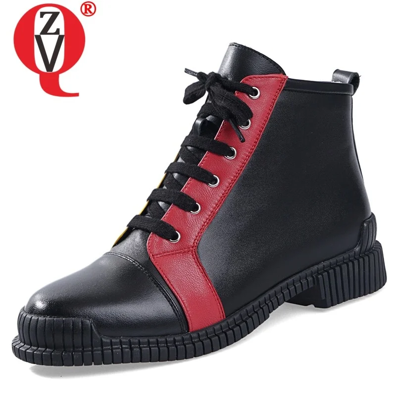 

ZVQ autumn new concise ankle boots outside low heels round toe genuine leather plus size cross-tied women shoes drop shipping