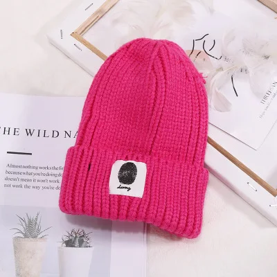 Hot Pink Детские зимние теплые вязанные шапки кепки однотонные милые шапки для мальчиков и девочек - Цвет: Hot Pink