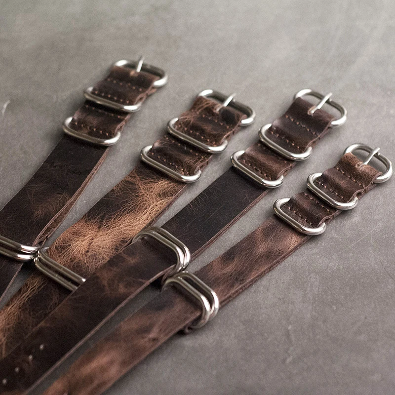 

Leather Nato Strap 20mm 22mm 24mm Zulu Strap Vintage First Layer Cow Leather Watch Band With Five Rings Buckle Silver 18mm...