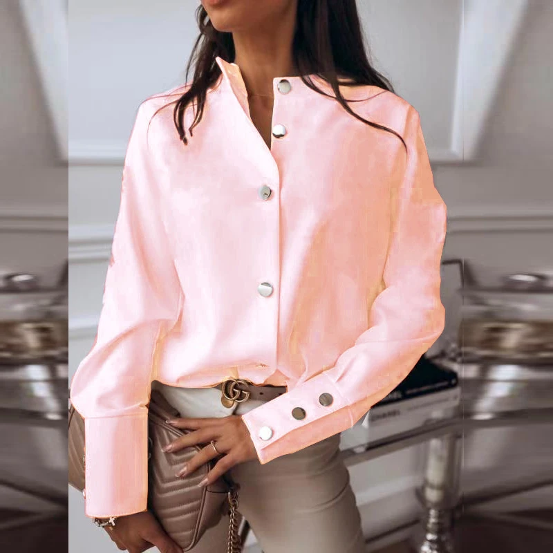 Pink back no button Демисезонный круглым вырезом белая блузка, рубашки элегантные Офисные женские туфли с металлическим украшениями Кнопки Блузки Повседневное Для женщин с длинным рукавом блузки и топы 3XL - Цвет: Pink back no button