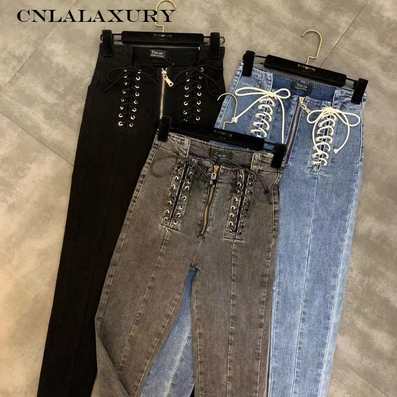 

Jeans Women Fashion Lace-Up Zip Ankle-length Pants 2019 New Slim Black Pencil Pants Female High Waist Jeans Skinny Streetwaer