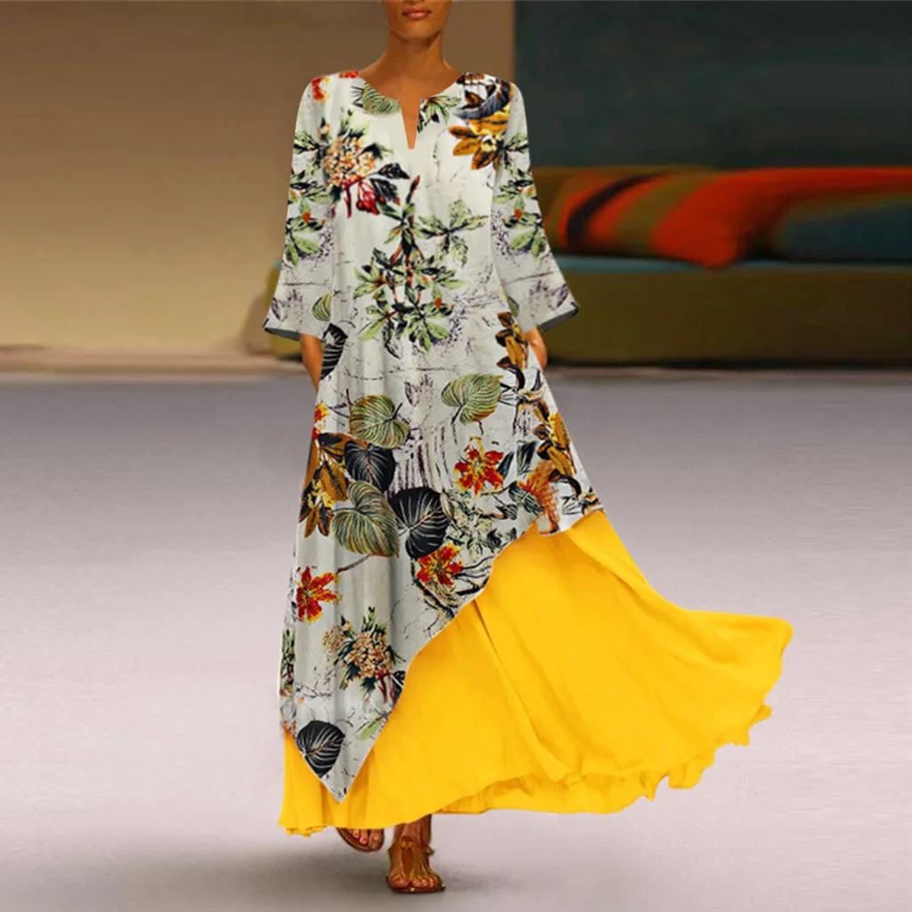

Women Dress V Neck Splicing Floral Printed Long Sleeves Vintage Maxi Dress Plus Size M-5XL Party Long Dress New Arrival