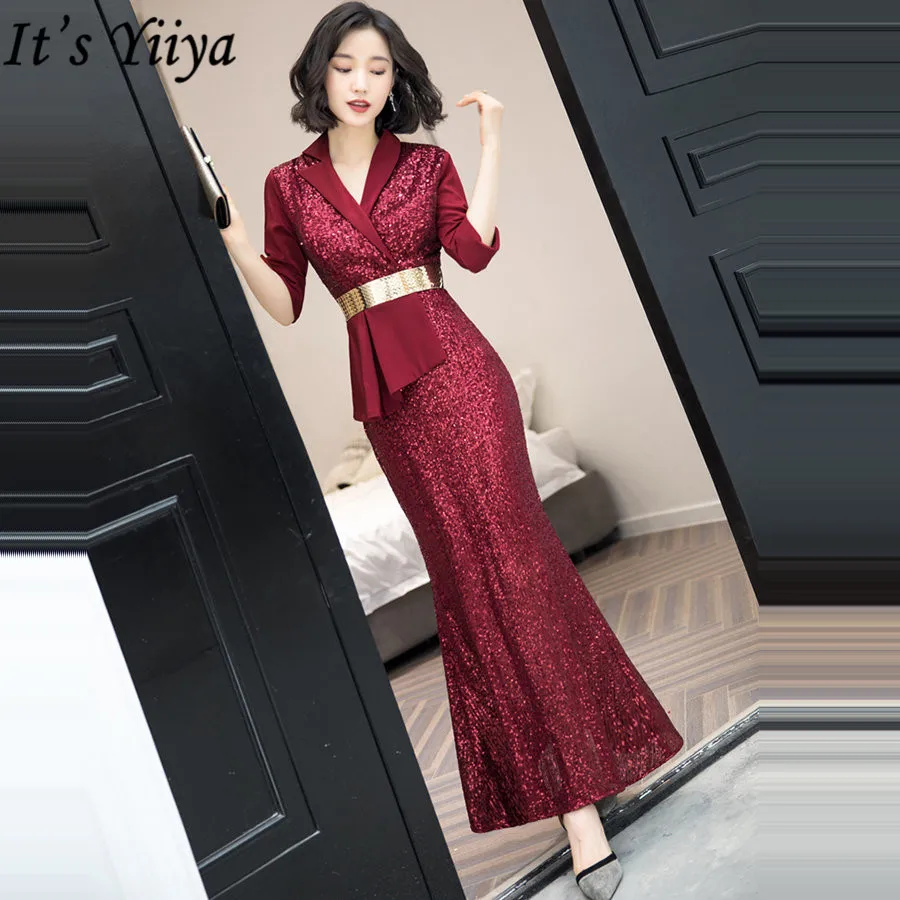 It's Yiiya Evening Dress Ruched V-Neck Plus Size Three Quarter Sleeve Dress Woman Party Mermaid Sequined Robe De Soiree K036