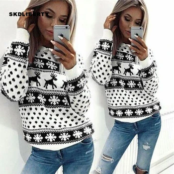 

New year 2019 Women's Pullover Sweater Print Christmas Night Party Winter Clothes Women Long Sleeve Casual Solid Knitted Sweater