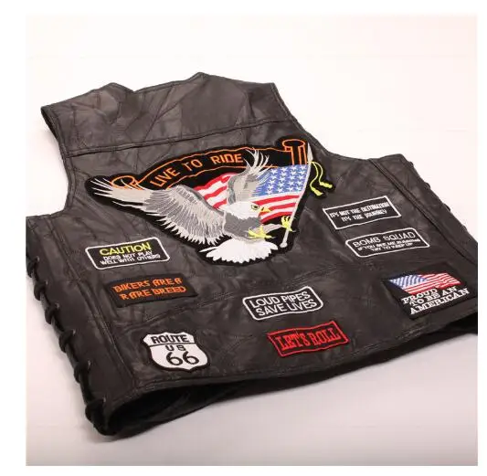 

Man and Woman Fashion Genuine Leather Harlly Moto Motorbike Vest Embroidered Symbol Waistcoat Club Vest Heavy Metal cloth