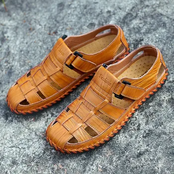 

Pop Summer Business Casual Men Sandals Men Leather Splice Shoes Outdoor Male Hand Stitching Wrapped Toe Beach Sandal Men May28
