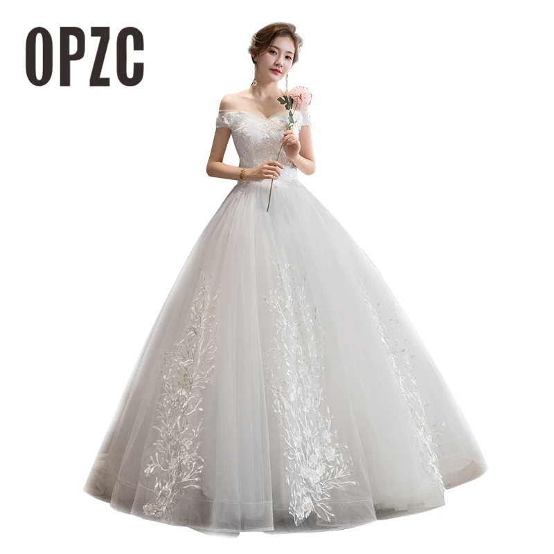 

Cheap Lace Flowers Wedding Dresses Simple Elegant Wedding Gowns Bride Dress Boda robe de mariee V neck Off Shoulder Sequined G0Z