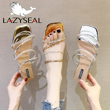 

LazySeal Luxury Gold Crystals Design Square Heel Slippers For Women Shoes Slip On New Summer Slide Bohemian Female Dress Sandals