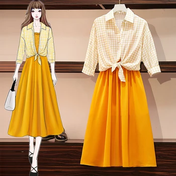 

Fashion Women half Sleeve Turn Down Chiffon Shirt Top + knee length dress A Line plaid Spaghetti Strap Dress New Two Pieces Sets