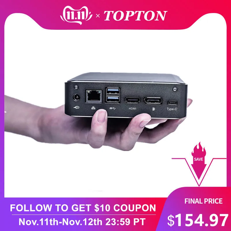 

Topton Newest Mini PC Whiskey Lake Intel Core i7-8565U/I5-8265U Win10 Pro DDR4 Desktop Computer HDMI2.0a DP1.2 Type-c AC WiFi BT