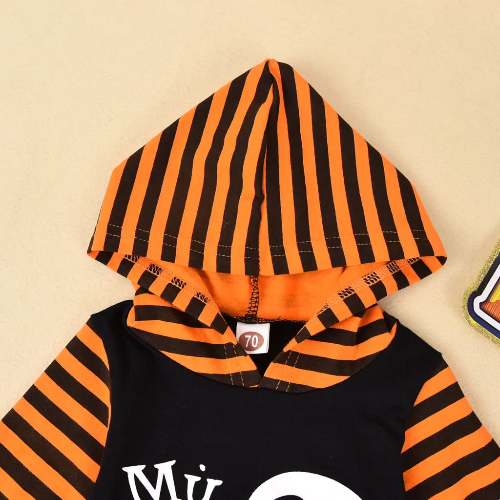 (0-18M) Infant Halloween striped jumpsuit with hood my 1st halloween hooded letter jumpsuit Halloween costume baby clothes F4