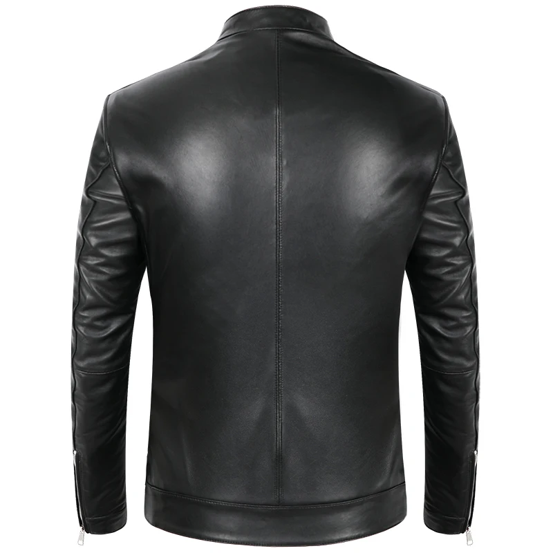 Men's Sheepskin Genuine Leather Jackets Autumn Spring Slim Motorcycle Biker Jacket Male Real Leather Coats Black Stand Collar cowhide jacket