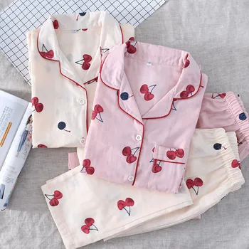 

Korea Cute Pajamas Set Shirt+pants Full Cotton Sleepwear Set Lovers Women New Ladies Femme Turn-down Collar Female Homewear