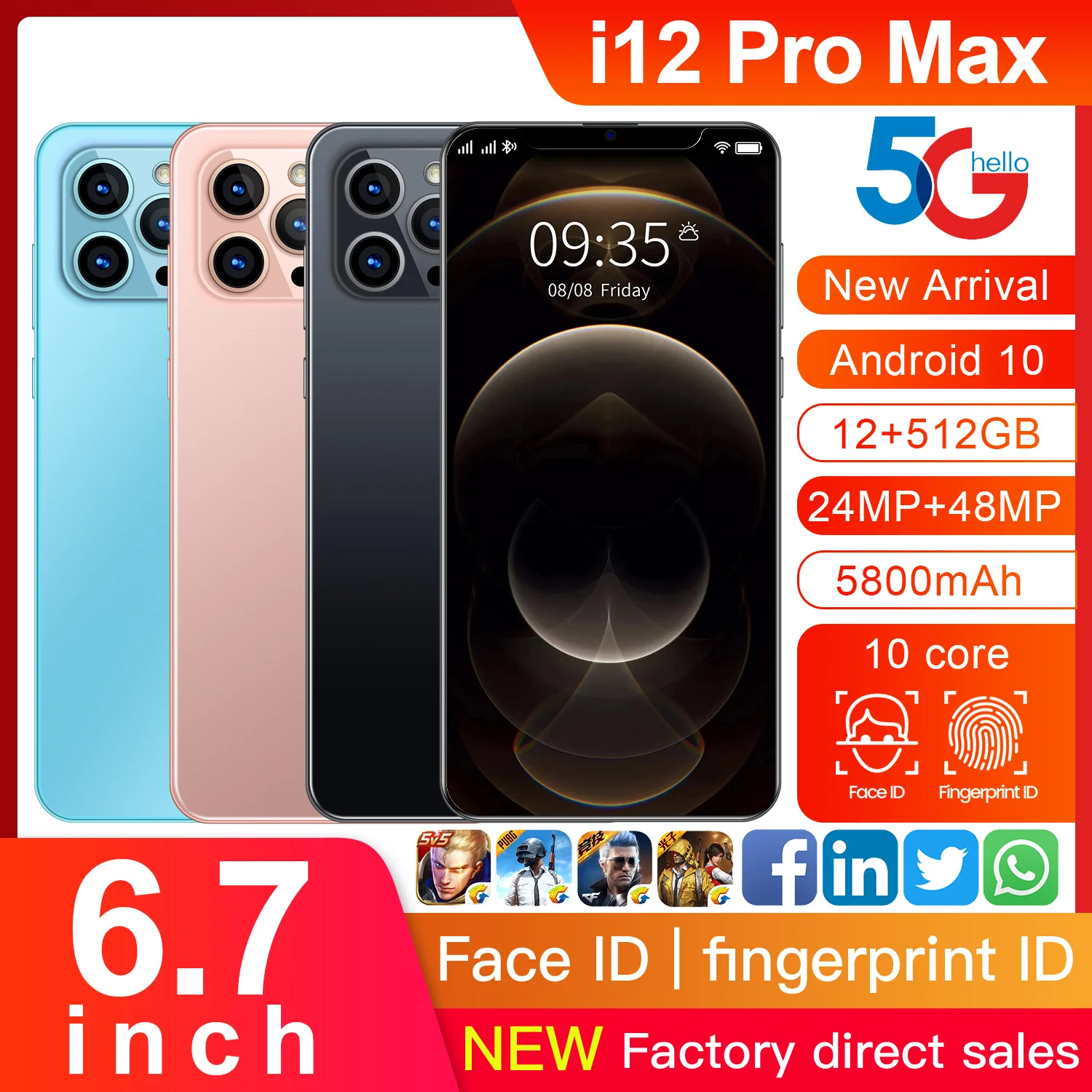 I12 Pro Max Global Version 12GB 512GB 6.7 Inch Newest 5800mAh Android10.0 48.0MP Smartphone 4K HD Screen 4G LTE 5G Mobile Phone