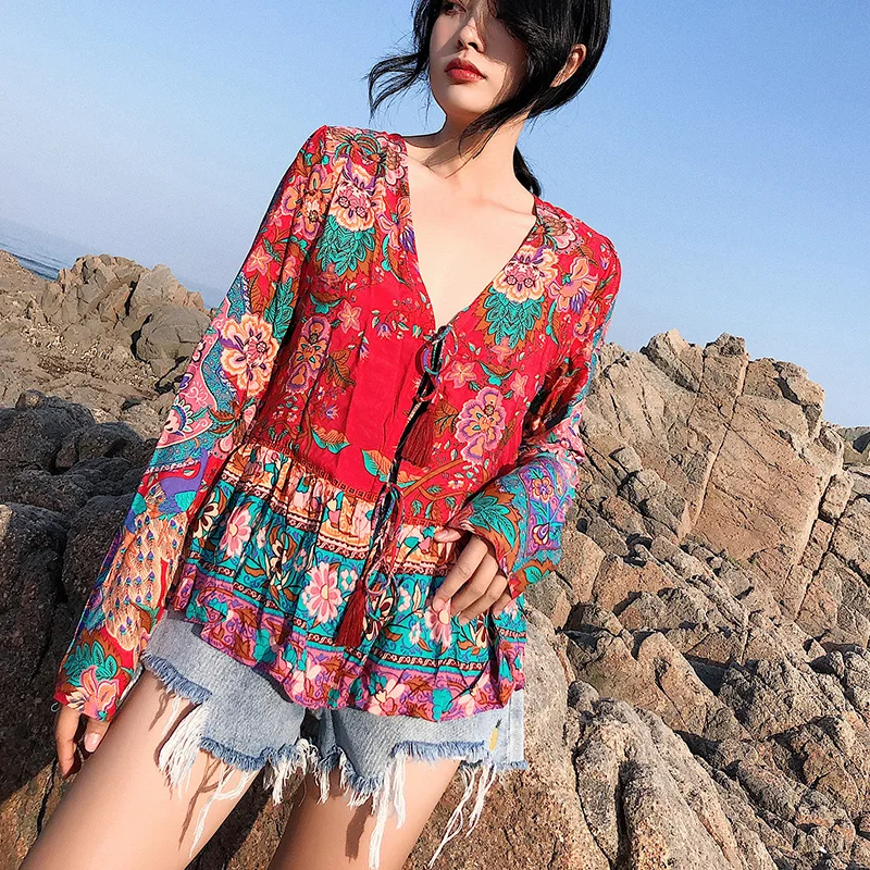 Boho шикарная летняя винтажная Цветочная блузка с заплаткой для женщин 2019 мода